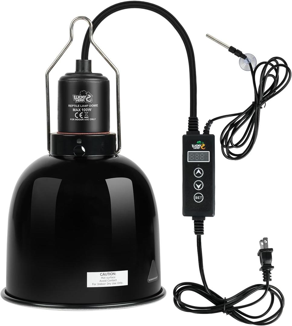 LUCKY HERP Reptile Light Fixture with Dimming Thermostat & Timer, Aluminum 5.5inch Deep Dome Reptile Lamp Fixture, Heat Lamp Fixture for Reptile Bulb Basking Heat Bulb, Max 100W
