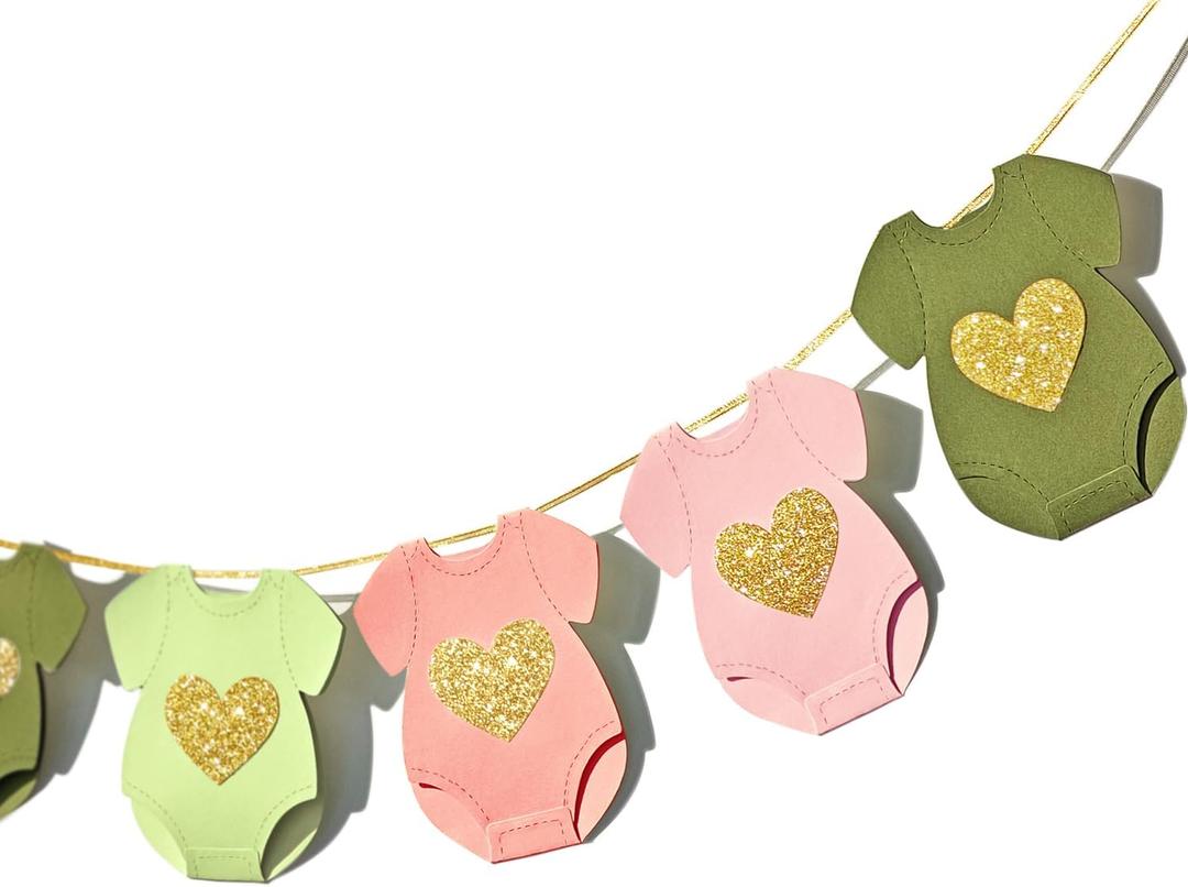 Green Pink Baby Shower Paper Garland Short-Sleeve Bodysuits Clothesline Garland Gender Reveal Birthday Banner Baby Outfit Paper Decorations 9 pcs