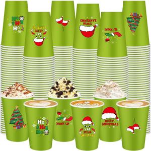 60 Pcs Christmas Coffee Cups Bulk 12 oz Xmas Disposable Green Paper Cups Drinking Supplies for Xmas Winter Holiday Table Decoration