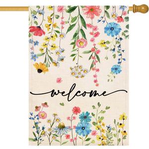 Baccessor Spring Summer Welcome Floral House Flag 28x40 Inch Double Sided Large Yard Flag Outside Outdoor Seasonal Burlap Flowers Flags Home Patio Decoration