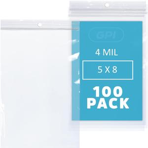 GPI - 5" X 8" Clear Plastic Zip Bags, 100 Count, Heavy-Duty 4 Mil Thick Durable Poly Baggies With Resealable Zipper Lock, Hang-Hole For Display.