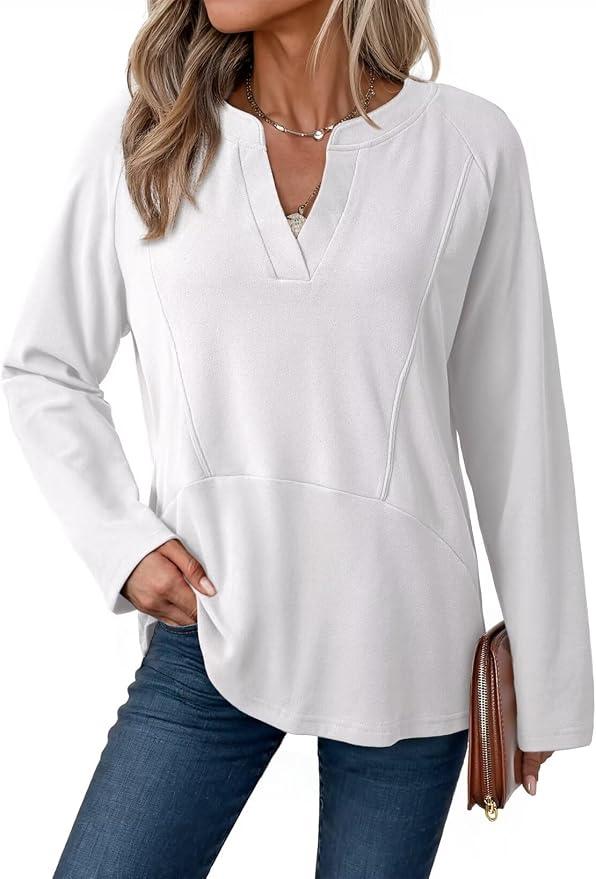 Dokotoo Women Tops Long Sleeve V Neck Shirts 2025 Fall Fashion Dressy Casual Business Tunic Blouses, L