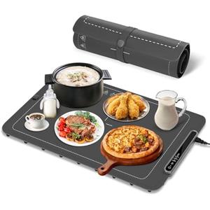 Food Warming Mats for Countertop, Warming Trays for Buffets Party, Silicone Electric Warmer with 3 Level Temp Adjustable / 3H Auto Timer, Hot Fast in 8s, Roll Up Heating Pad for Home Travel (Grey)