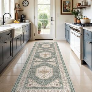3x10 Runner Rug for Hallway Washable: Non Slip Kitchen Rugs with Rubber Backing Soft Waterproof Mats Stain Resistant Indoor Vintage Carpet Runner for Bedroom Bathroom Laundry Entryway Green/Beige