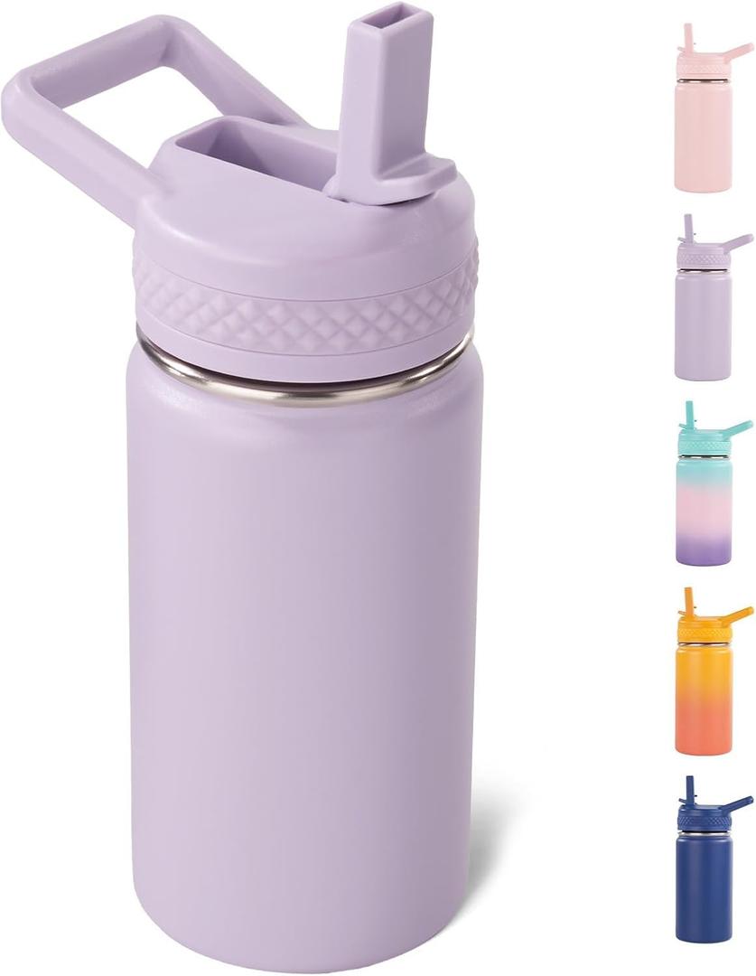 Toddler Water Bottle, 12 oz Kids Vacuum Insulated Thermos for School With Straws Lids, 304 Stainless Steel, BPA-Free, Lilac