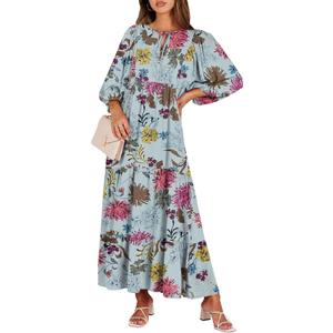 ANRABESS Womens Boho Maxi Dresses 2025 Summer V Neck Puff Sleeve Floral Flowy Swing Fall Casual Long Dress (Medium)