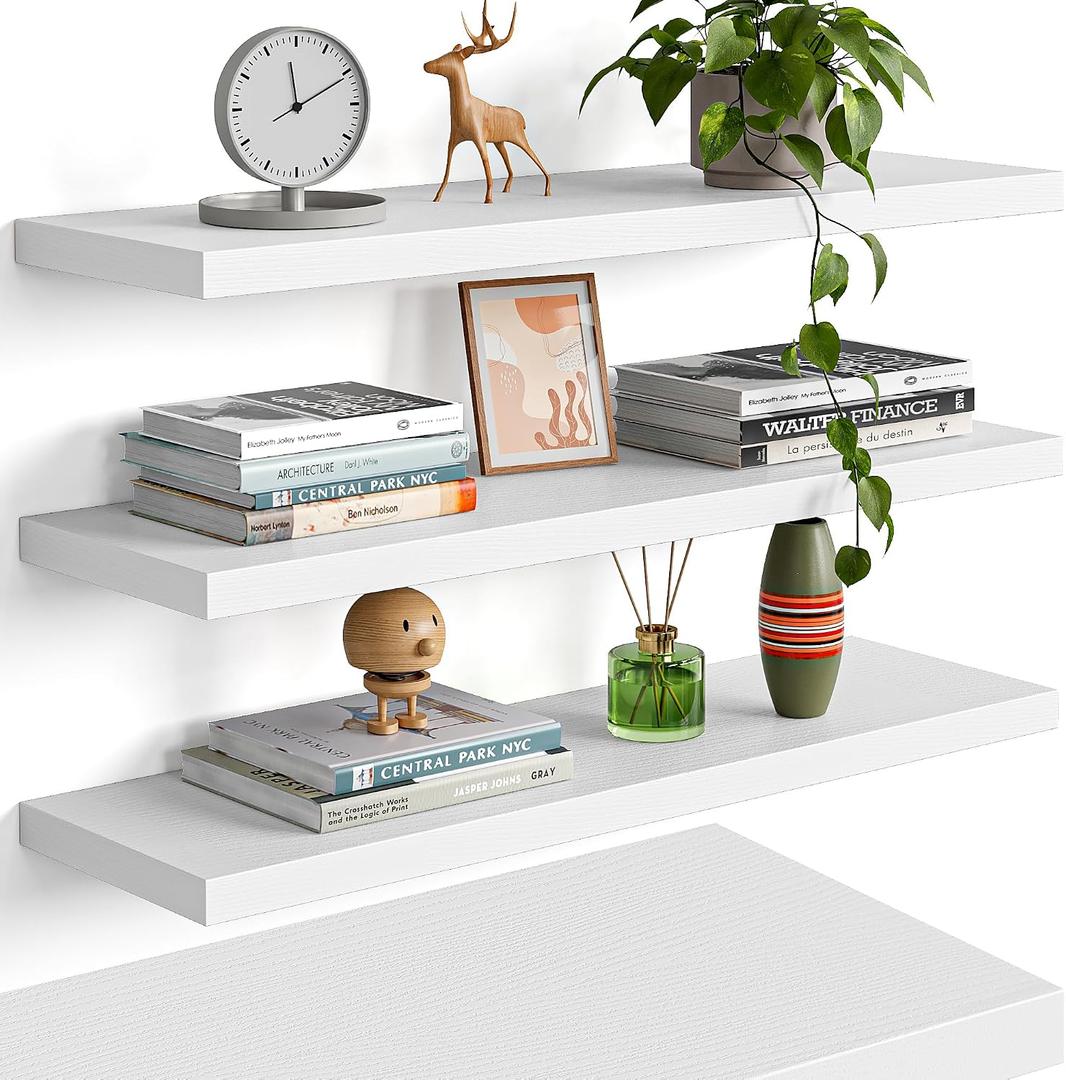 YUFLINX 23’’White Floating Shelves for Wall,Rustic Wood Shelf for Room Decor/Storage/Display,Small Bookshelf,Wall Mounted Hanging Shelves for Bedroom, Bathroom, Living Room, Kitchen,Set of 4, 23in