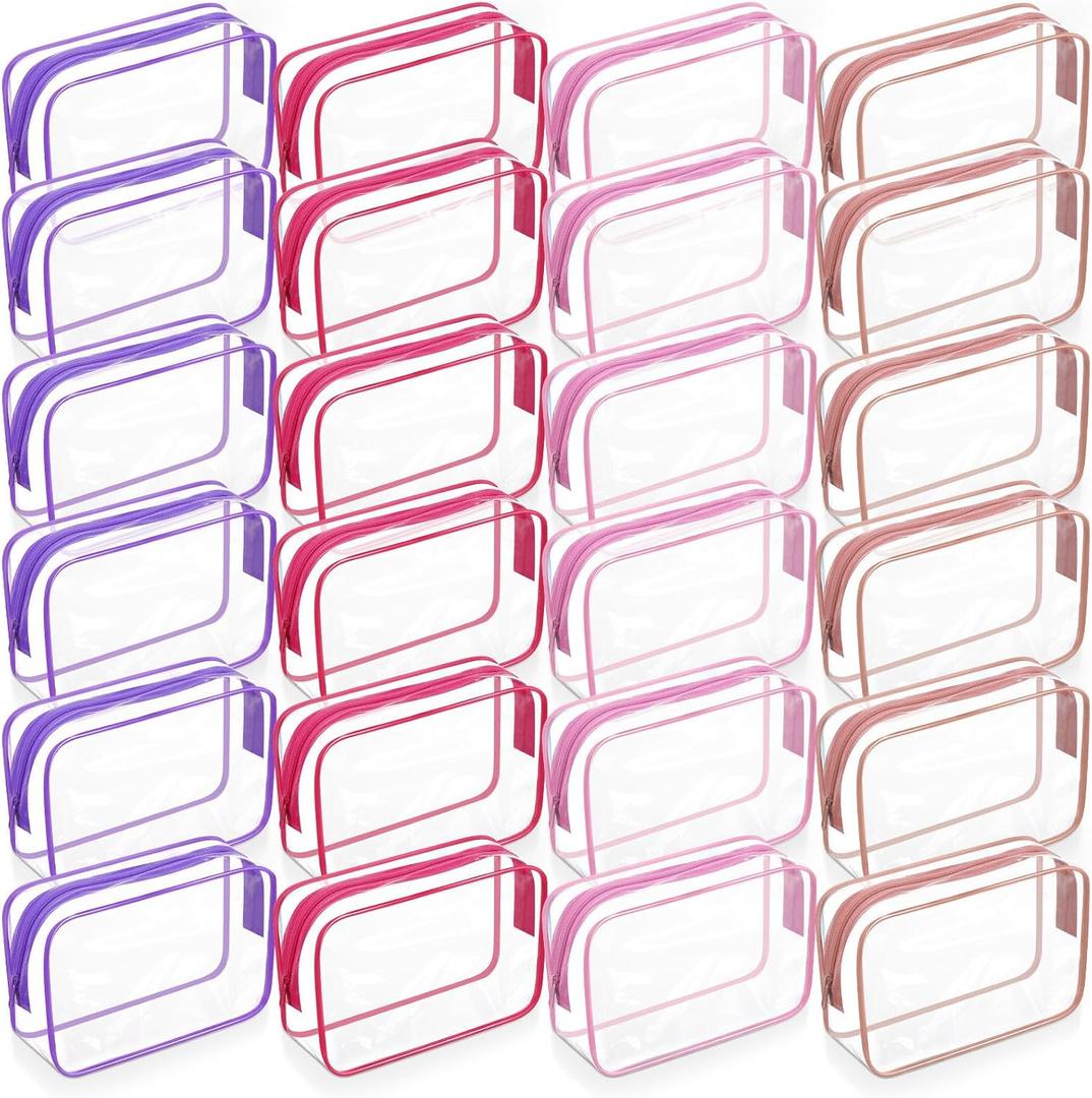 24 Pack Clear Makeup Bags Bulk Cosmetic Storage Bag Waterproof PVC Pouch with Zipper for Travel Organizer Plastic Toiletries Case for Women Traveling Bathroom, 7"x 4.7"x 2.4" (Pink)