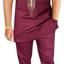 HD Men's African Clothes Embroidery Tunic Shirt and Pant Suit Two Pieces Dashiki Outfit Short Sleeves (XX-Large, Burgundy-18)