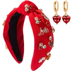 Valentines Day Headband for Women - Crystal Heart Hairband with Rhinestones, Knotted Wide Velvet Design in Red & Pink, Cute Hair Accessories for Valentine Gifts, Party & Concert