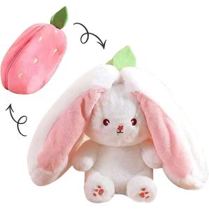 2PCS Reversible Carrot Strawberry Bunny Plush with Zipper, Easter Bunny Stuffed Animal Toy, Cute Rabbit Plushie Birthday Gift for Boys Girls Kids (1pcs 10" Strawberry)