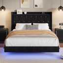 IDEALHOUSE Full Size Bed Frame with LED Lights, Floating Platform Bed with Velvet Upholstered Storage Headboard, No Box Spring Needed, Noise Free, Easy Assembly (Black)