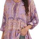 Women Boho V-Neck 3/4 Sleeves Tunic Top Relaxed Fit Casual Print Blouse, XS
