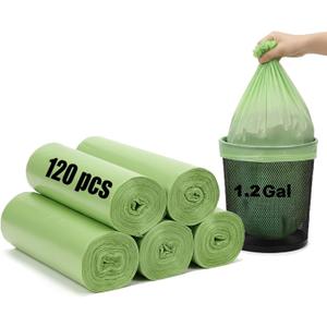 1.2 Gallon Small Trash Bags - Compostable Garbage Bag 120 Counts 5 L Trash Wastebasket Can Liners Green Biodegradable Rubbish Bags for Bathroom Travel Office Toilet Bedroom Countertop Camping