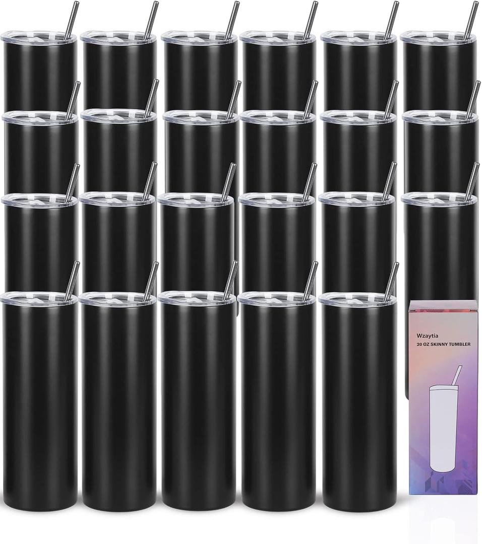 24 Pack 20 Oz Straight Skinny Tumblers,Individually Gift Boxed Stainless Steel Slim Skinny Tumbler Set Bulk, 20 Oz Insulated Slim Thin Travel Tumbler Cup for Diy, Black