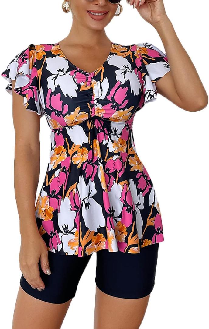 Fanuerg Women's Tankini Swimsuits Ruffled Flowy Tankini Tops with Boy Shorts Swimwear Tummy Control Two Piece Bathing Suits (Medium, Orange Floral)