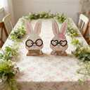 Wooden Easter Bunny Decorations Set of 2, Rustic Farmhouse Antique White Rabbit Shaped Tabletop Signs for Spring Easter Home Office Decor