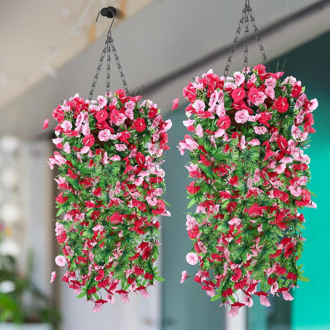 Hotop 2 Set Artificial Flowers with Hanging Basket Includes 6 Pcs Morning Glory Vines Faux Outdoor Hanging Plants Waterproof UV Resistant Fake Flowers for Patio Spring Summer Decor(Rose Red, Pink)