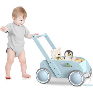 Wooden Baby Walker, Push and Pull Learning Walking Toys for Babies Infants to Toddler, Walker with Wheels for Boys Girls, Gift for Birthday Christmas, Blue
