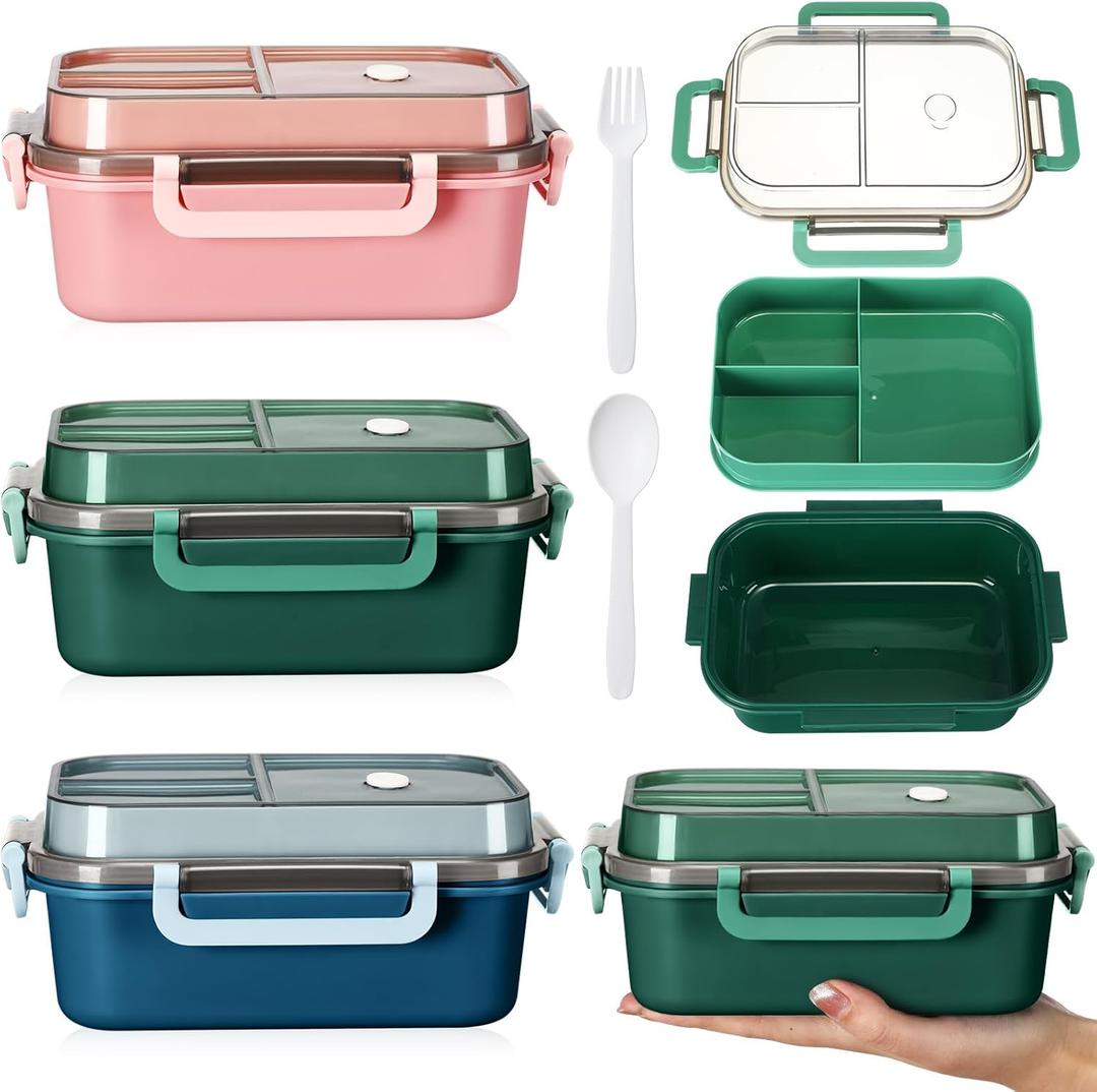 Hushee 3 Pack 42 oz Bento Lunch Box First Day of School Back to School 2 Layers 3 Compartments Bento Plastic Box for Adults, Microwave Dishwasher and Freezer Safe Lunch Snack Containers and Cutlery