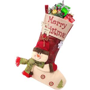 Yunaeduo Christmas Stockings - 18.5" Large Christmas Stocking, 3D Cute Snowman Xmas Stockings with Name Tages, Christmas Decorations for Tree, Bed, Stairs & Fireplace