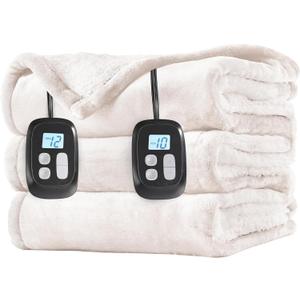 LaffyLo Electric Heated Blanket Queen Size 84 x 90, Dual Control, Fast Heating Blanket, Dual-Sided Flannel Sherpa, 10 Heat Settings, 1-12 Hour Auto Off, Machine Washable, White