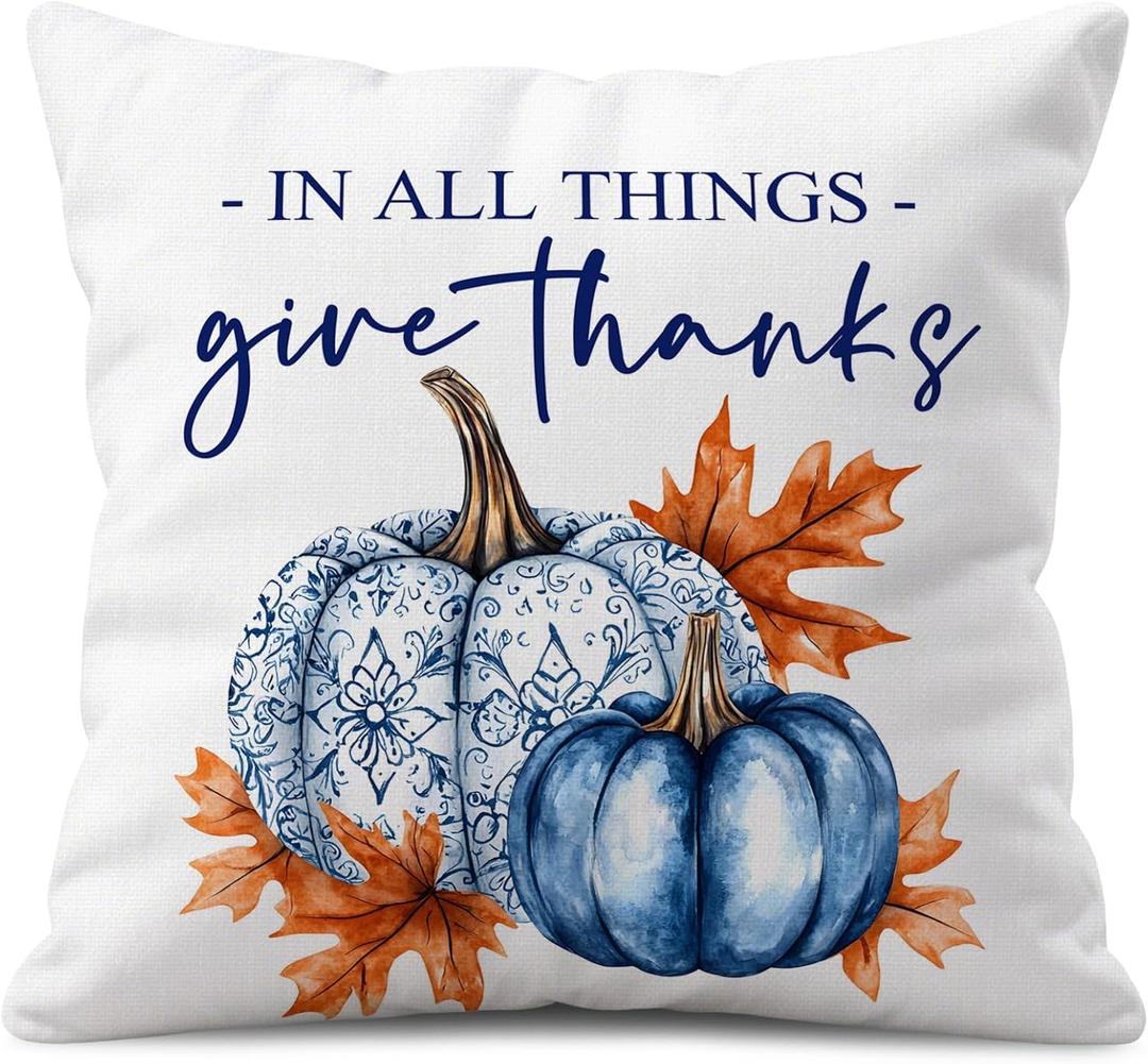 Fall Throw Pillow Cover 18x18 Inch  White Linen Cushion Cover with Blue Pumpkins and Golden Leaves  Double-Sided Print, Autumn Thanksgiving Decorative Pillowcase for Sofa, Couch, Bed