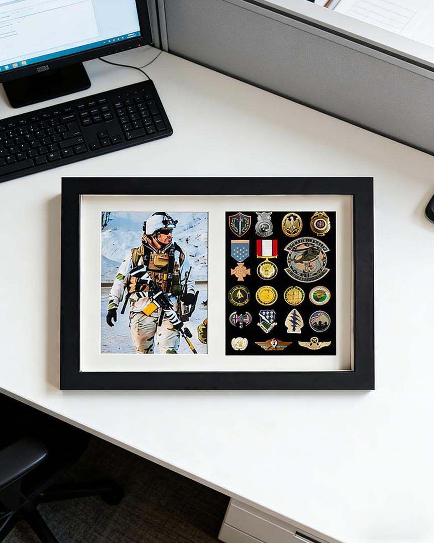 Shadow Box Medals Display Case,Wooden 12.9" X 9.4" Pin Military Display Case,with 5X7 Photo Frame,98% UV Protection (Black)