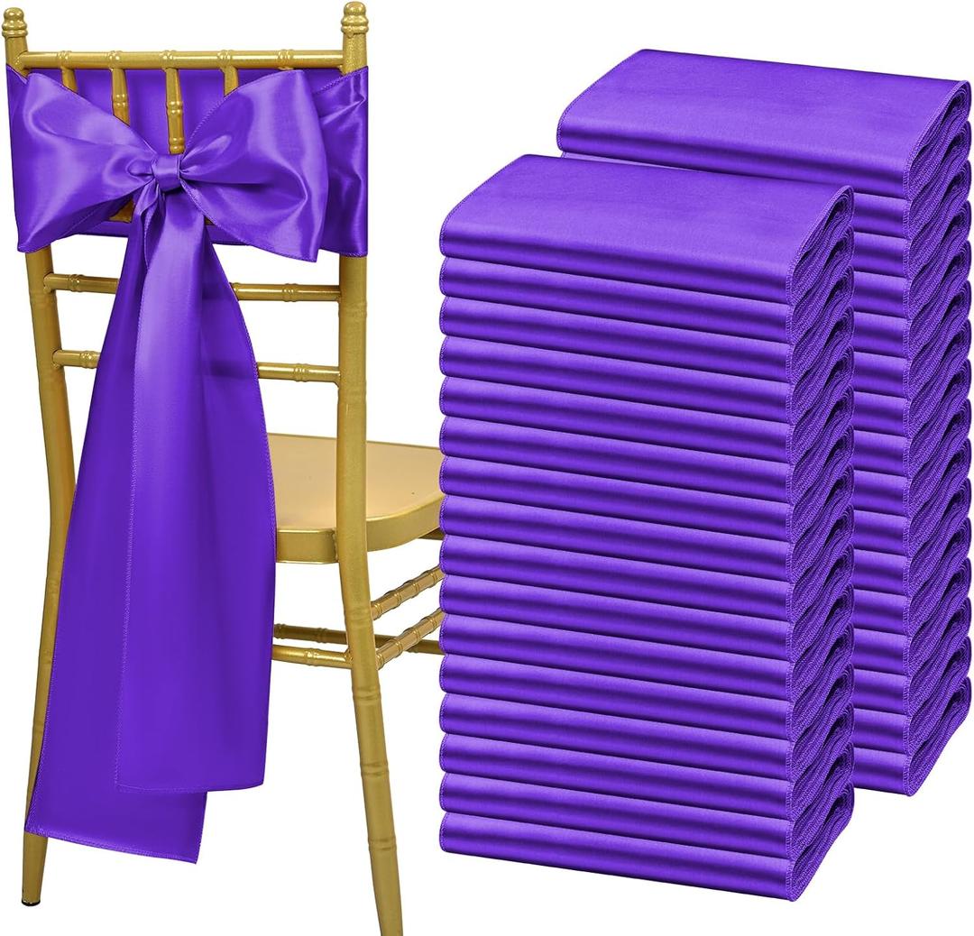Showgeous 120 PCS Purple Satin Chair Sashes Bows Decoration Cover Sash Ties for Banquet Party Baby Shower Event Decorations (7 x 108 inch)