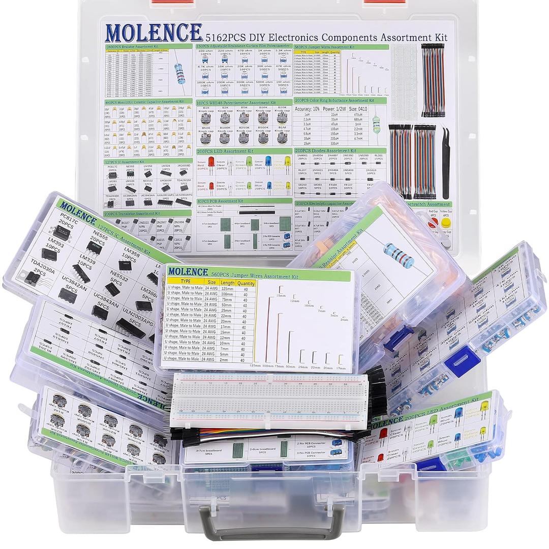 5162pcs DIY Electronics Components Kit Assortment, Resistors, Inductors, Capacitors, LED, Triode, ICS, Diodes, PCB, Potentiometer, Pin Header, Jumper Wire, Terminals, Tactswitch