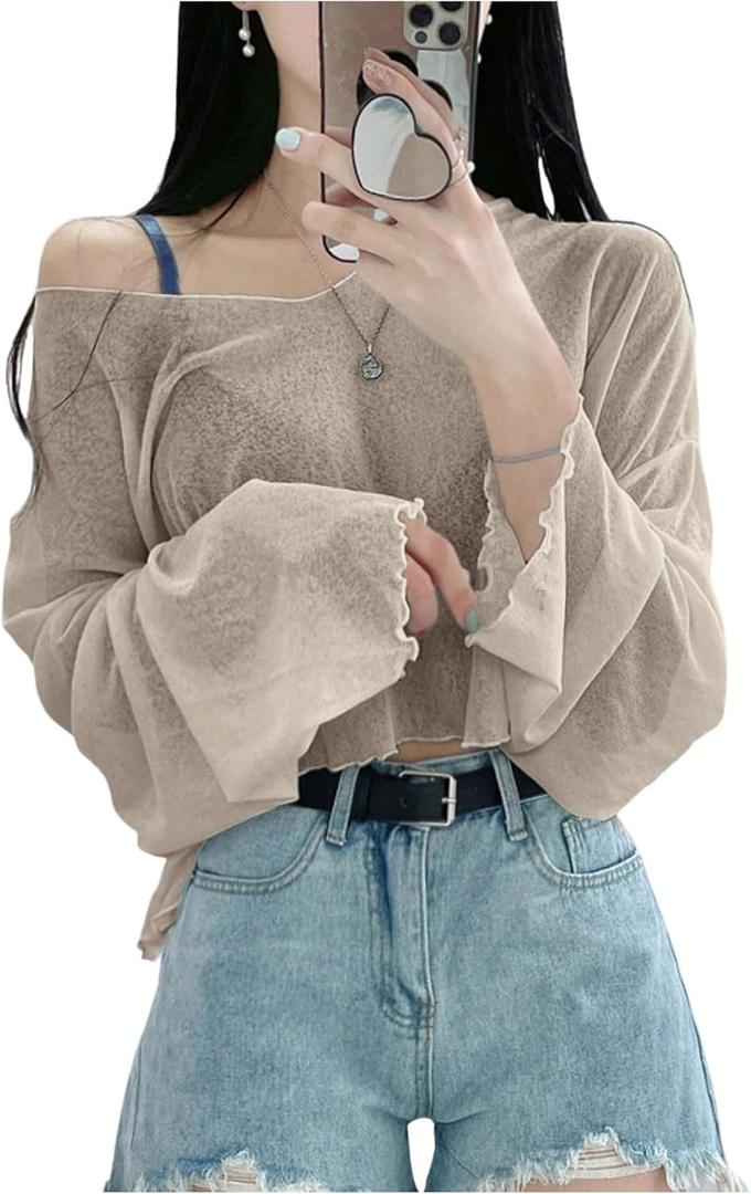 GORGLITTER Women's Mesh Long Sleeve Crop Tops Y2K Drop Shoulder Loose T Shirt Apricot Large