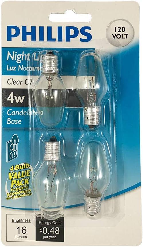Philips LED 415422 Incandescent 16 Lumen 4 Watt 2700K Soft White C7 Night Light w/Candelabra Base (4 Pack)