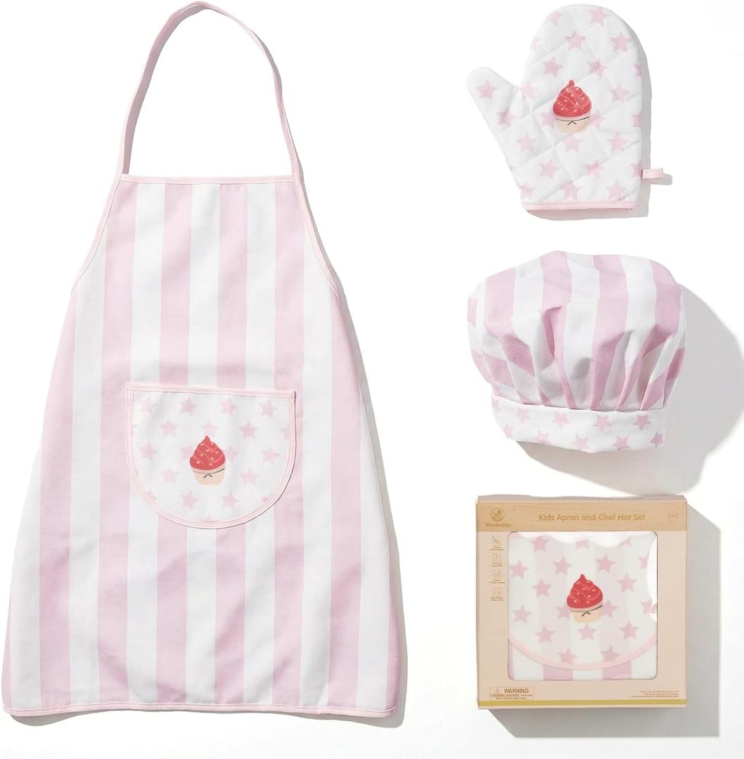 Kid Apron and Chef Hat Set, 3 Pcs Children Cooking Baking Set Kits Role Play Chef Toy Kid Cooking Gift for Girls Boys (Pink)