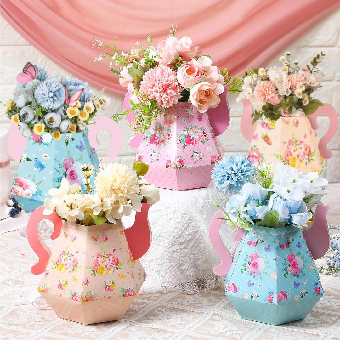 Fulmoon 6 Pcs Tea Party Decorations 6.7'' Flower Boxes Centerpiece Princess Centerpieces for Tables Teapot Vase Table Decor for Floral Tea Themed Birthday Party Baby Shower Wedding (Cute)