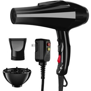 Hair Dryer, 3500 Watt Professional Salon Ionic Blow Dryer with AC Motor, 3 Heat Settings, 2 Speeds, Cool Shot Button, Tourmaline Ceramic, Concentrator & Diffuser Attachments, Black,110V