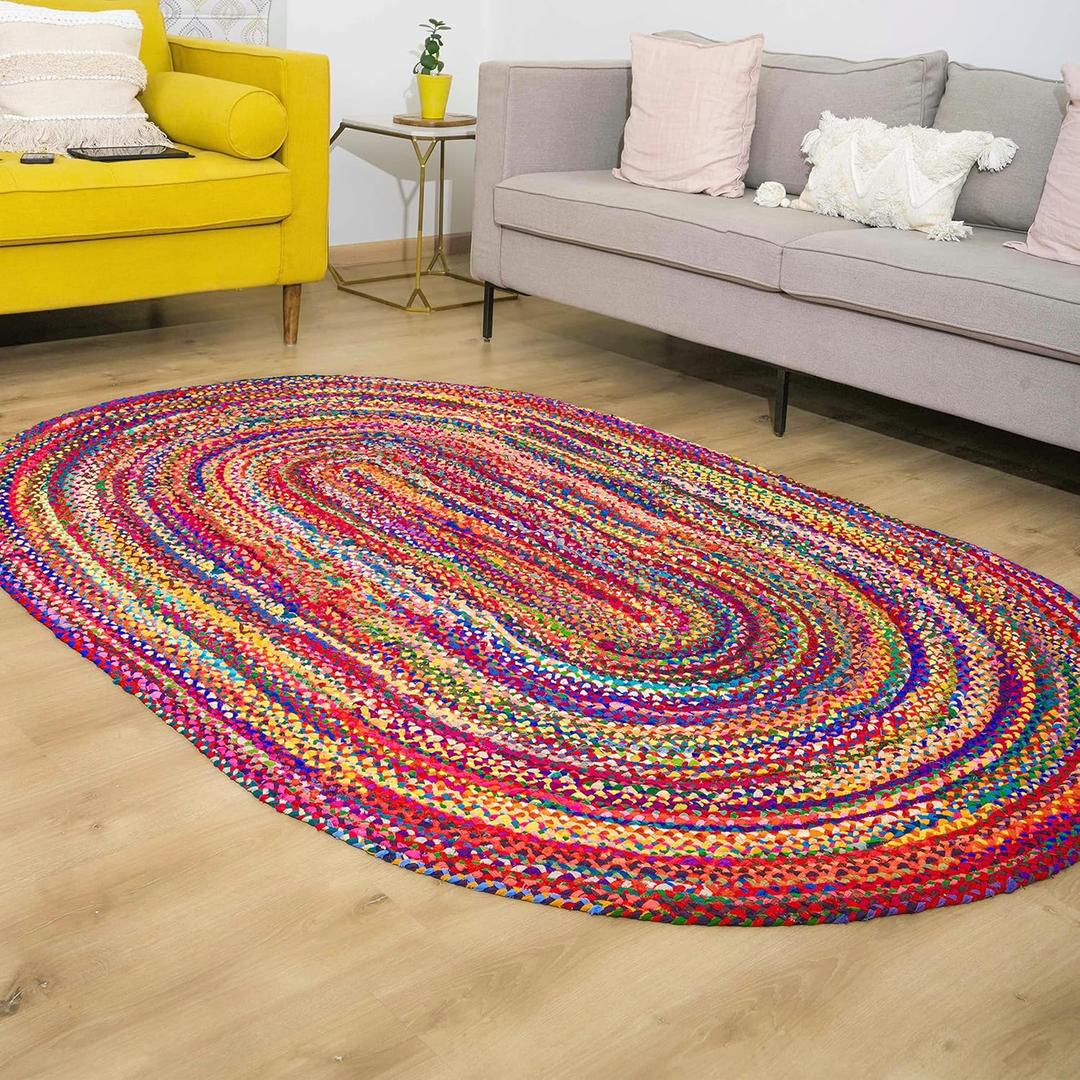 RAJRANG Multicolor Hand Braided Cotton Rug - 4x6 ft Boho Reversible Farmhouse Accent Area Rug Rustic for Home Decor