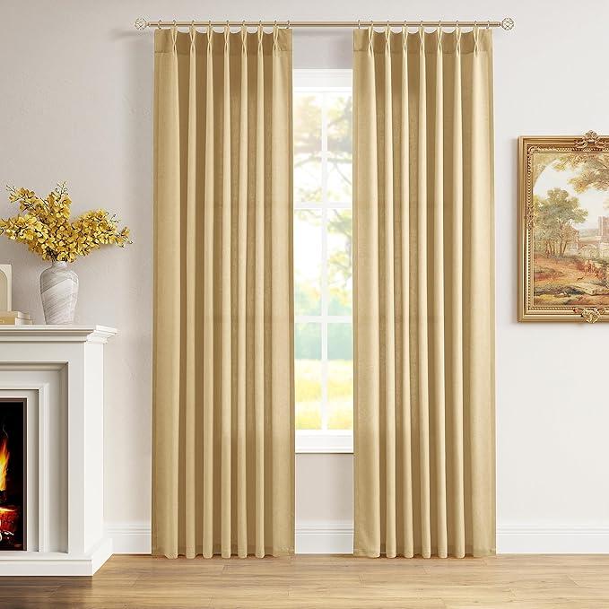 Aersas Gold Pinch Pleated Linen Curtains 84 Inch Length 2 Panels for Living Room Bedroom Semi Sheer Window Curtain Boho Neutral Back Tab Pinch Pleat Drape with Hooks 40x84