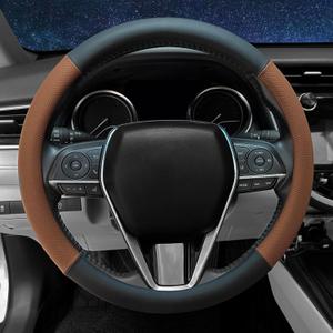 Steering Wheel Cover Standard Size 14.5-15 inch, Non-Slip Car Wheel Cover Protector, Breathable Microfiber Leather, Black and Ochre Brown