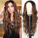 Long Brown Wigs, Ombre Brown Highlights Wavy Wigs for Women, 26 Inch Middle Part Synthetic Heat Resistant Wig for Daily Party Use (Brown With Blonde Highlight)