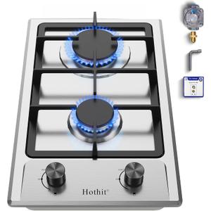 Hothit 2 Burner 12 inch Gas Cooktop, LPG/NG Dual Fuel Built-in Electronic Ignition Propane Stove Top with Pressure Regulator, Stainless Steel Gas Hob for Kitchen, Apartment, Outdoor(AHT12IN10S)