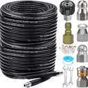 200FT Sewer Jetter Kit for Pressure Washer, 5800PSI Drain Cleaner Hose 1/4 Inch NPT Corner, Rotating and Button Hose Sewer Jetting Nozzle Pearl Corsage Pin Waterproof Tape with 2 Spanner
