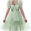 Arshiner Girls Dresses Tulle Bow Tie Back Puff Sleeve Party Holiday Spring Summer Dress (Green, L)