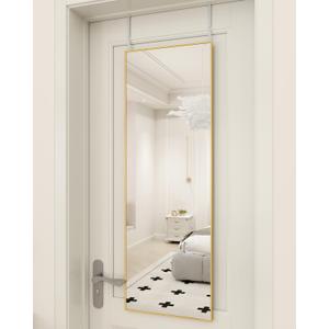 BEAUTYPEAK 14" x 48" Adjustable Height Over The Door Mirror, Rectangular Full Length Hanging Door Mirror with Shatterproof Tempered Glass Aluminum Alloy Frame for Dormitory, Gold
