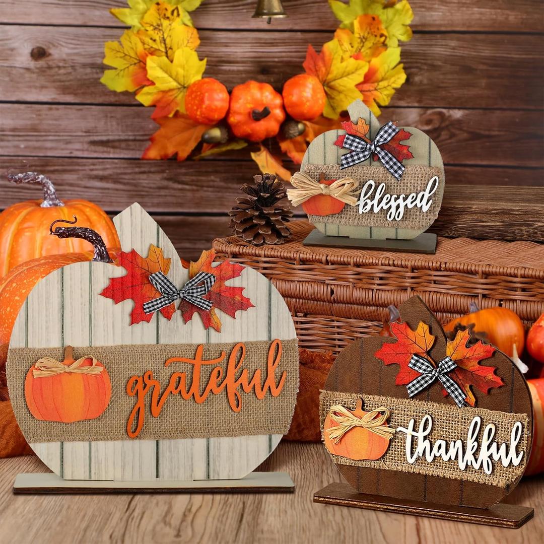 Yalikop 3 Pack Fall Decorations for Home Thanksgiving Wooden Tabletop Sign Blessed Grateful Thankful Fall Pumpkin Decor for Thanksgiving Farmhouse Harvest Holiday Decor