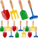 16 Pcs Gardening Tools Metal Garden Beach Sandbox Digging Including Shovel, Rake, Fork and Trowel, Garden Beach Sand Tools with Wooden Handle Hoe for Gift Outdoor Gardening