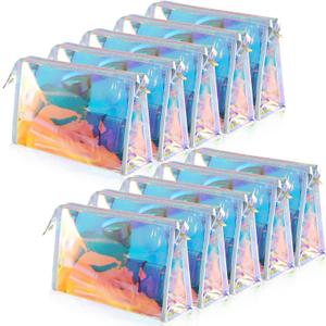 BESARME 10 Pcs Holographic Makeup Bags, Clear PVC Makeup Bag Iridescent Pouch Portable Zippered Toiletry Bag Waterproof Cosmetic Bags Bathroom Vacation Party Favors