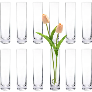 Glass Cylinder Bud Vases for Centerpieces, Set of 12 Clear Small vases,Handmade Slim Flower Vases Wedding Table Decor for Single Rose vases Bulk, Home Aesthetic Desk Decor, Party Decorations,7.5