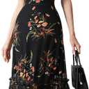 GothDark Women's Summer Floral Mesh Ruffle Dress Short Sleeve Round Neck Waist Cinched Casual Maxi Wedding Guest Dresses (Black) S