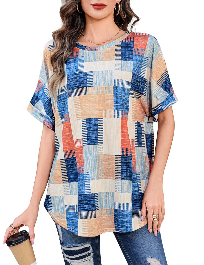 Totatuit Women's Casual Summer Tunic Tops Short Sleeve Crewneck Oversized T Shirts Graphic Print Loose Fit Blouses Covering Butt for Leggings Grid Geometric Pattern Elbow Length Sleeve (L)