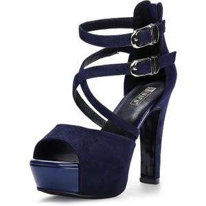 IDIFU Women's IN5 Charcy Crisscross Strappy Platform High Chunky Heels Peep Toe Pump Party Heeled Sandals (Blue, L)
